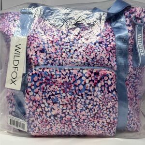 Wildfox Tote Puffy Purple w/Adj Blue Straps  19x15 Zipper NEW W TAGS